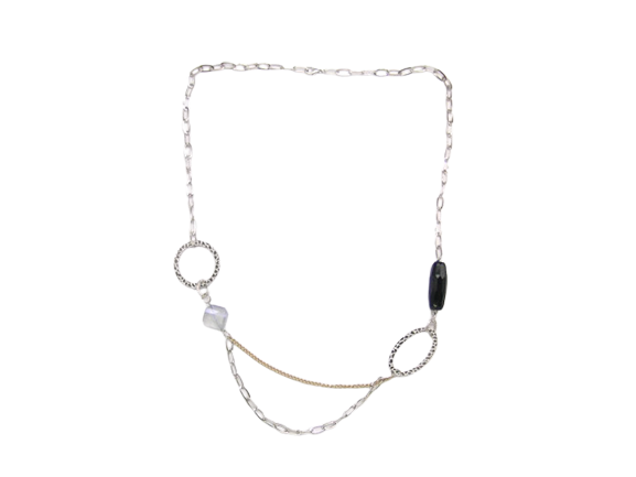 Silver Oval & Crystals Chain Necklace