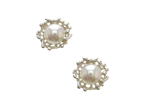Flower Shape Pearl Stud Earrings (Silver Plated)