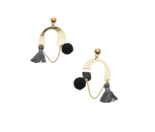 Gold Plated Metal with Grey Tassel Drop Earrings