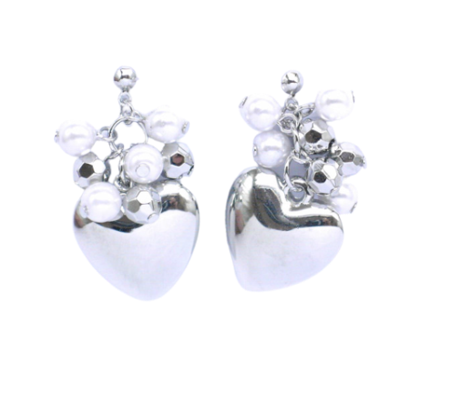 Silver Heart with Faux Pearl Drop Earrings