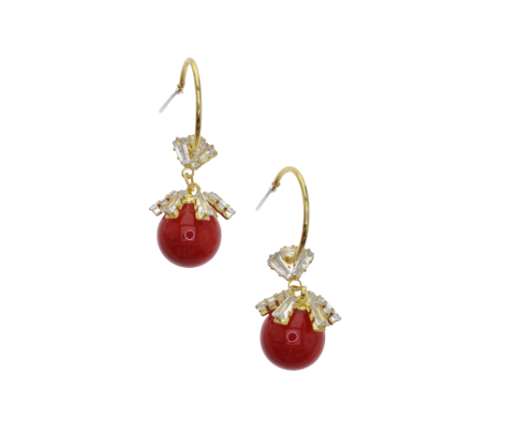 Red Ball with Faux Crystal Drop Earrings