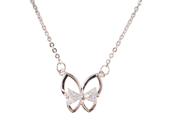 Crystal Bow Butterfly Pendant Necklace - Silver