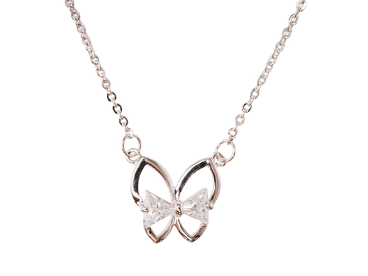 Crystal Bow Butterfly Pendant Necklace - Silver