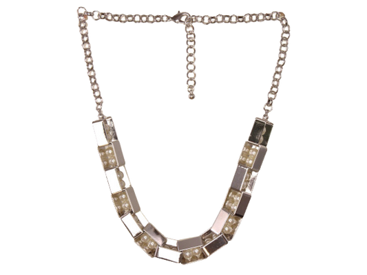 Silver Blocks & Pearls Short Necklace