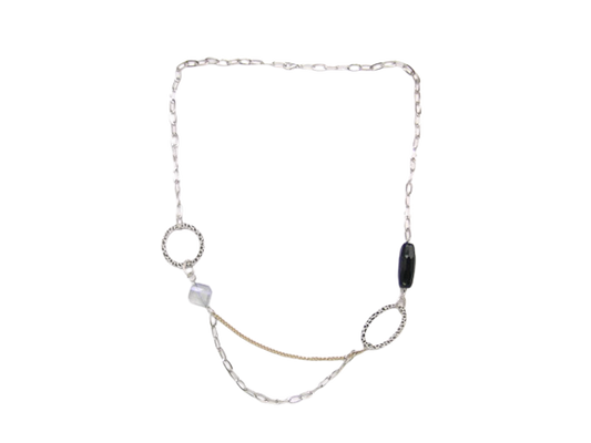 Silver Oval & Crystals Chain Necklace