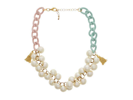 Green & Pink Chain Necklace with Pearls