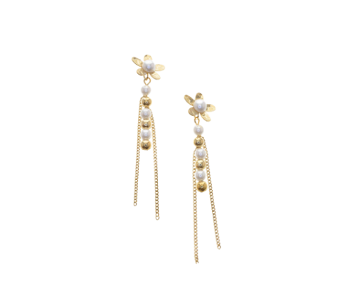 Gold Flower with Faux Pearl Linear Drop Earrings