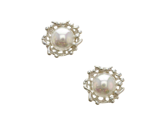 Flower Shape Pearl Stud Earrings (Silver Plated)