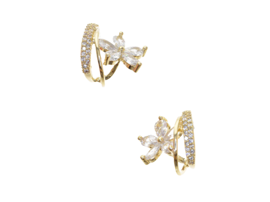 Crystal Flower Three Layers Gold Hoops (Silver Plated)