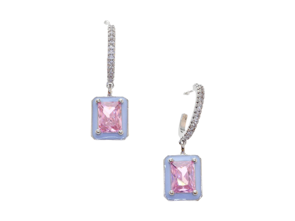 Square Pink Crystal Embellished Drop Earrings (Silver Plated)