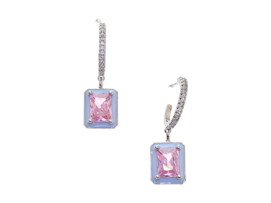 Square Pink Crystal Embellished Drop Earrings (Silver Plated)