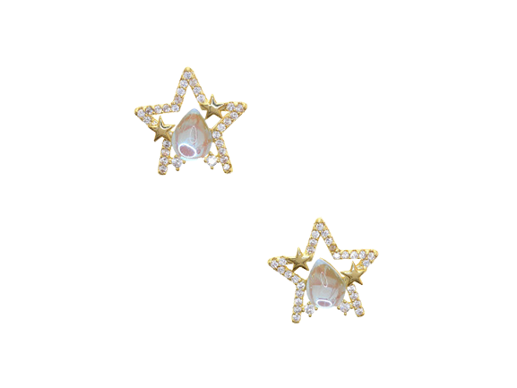 Water Drop Embellished Gold Stars Earrings (Silver Plated)