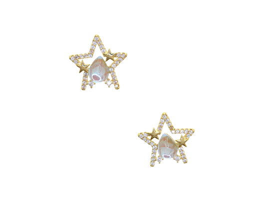 Water Drop Embellished Gold Stars Earrings (Silver Plated)