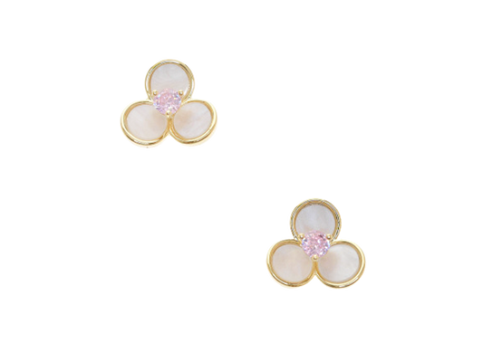 White Flower & Pink Crystal Stud Earrings